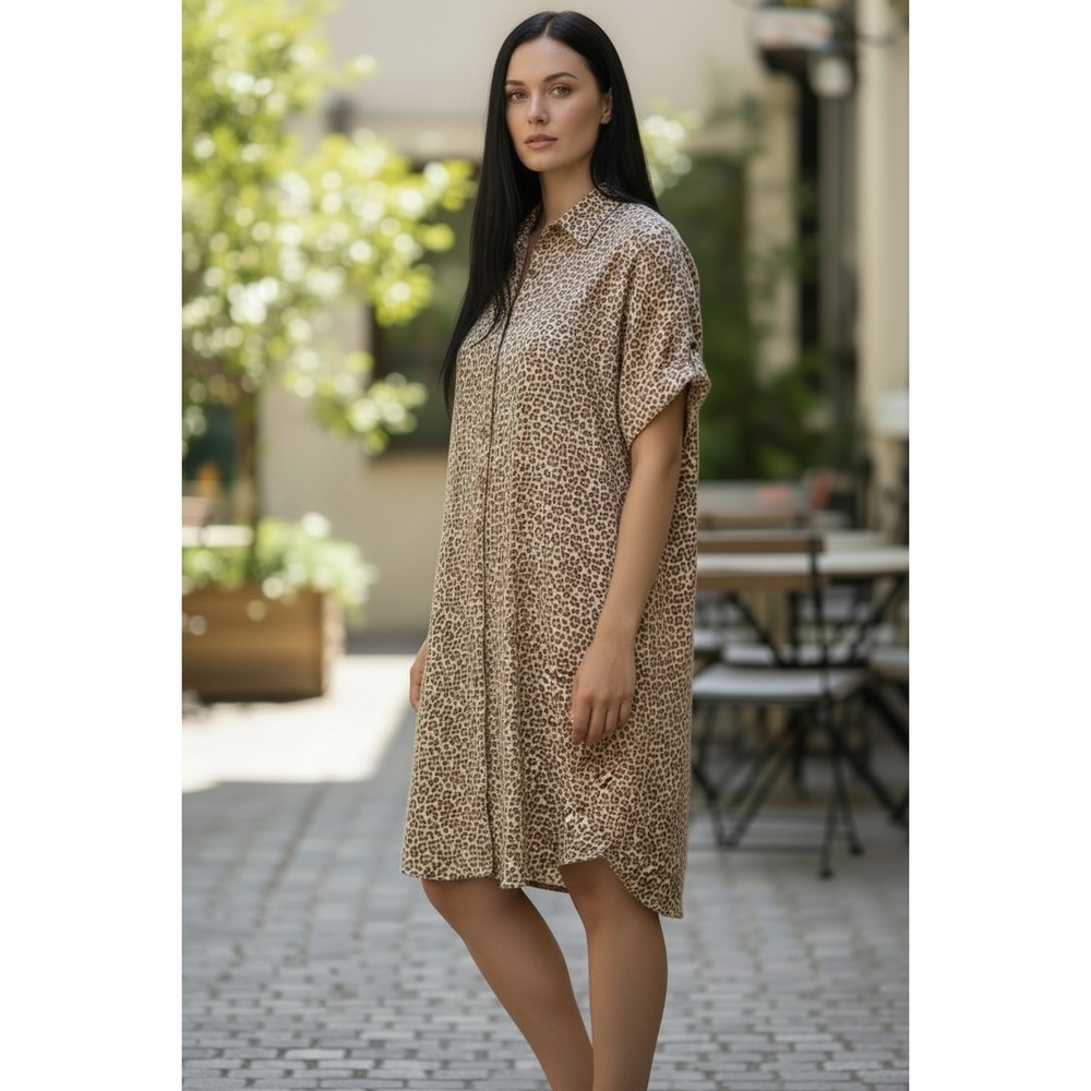 Roark Leopard Print Shirt Dress Womens Medium Tan Perforated Breathable Safari